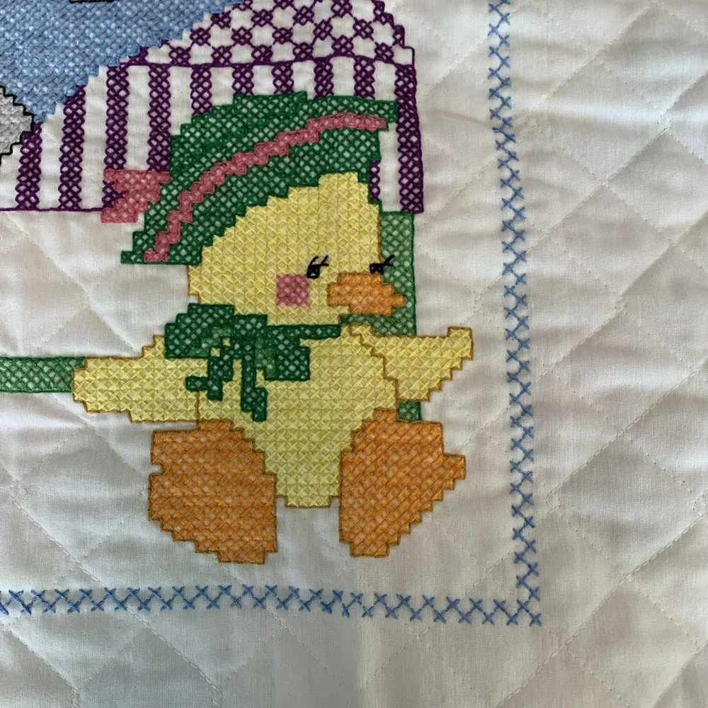 Handmade Cross Stitch Baby Crib Quilt Bunny, Bear, Chicken And Lamb